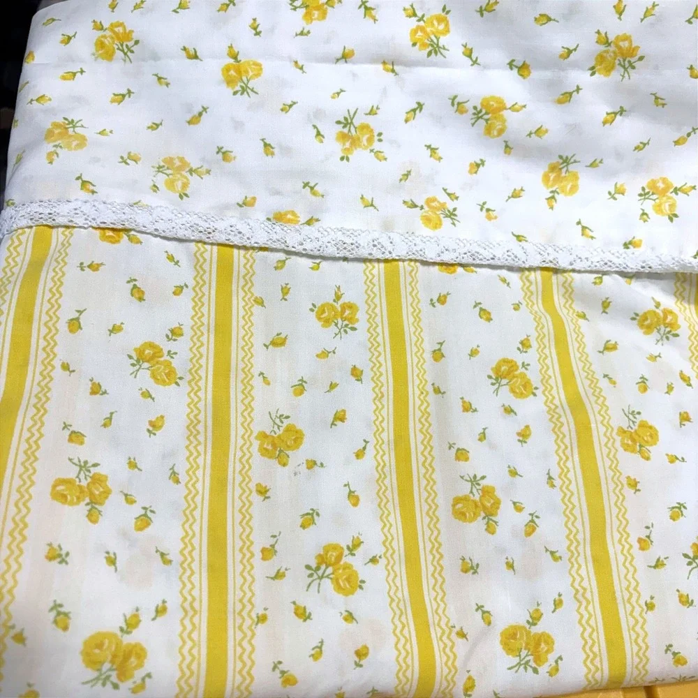 Vintage JCPenney Twin Flat Sheet & Pillowcase Yellow Floral Lace Percale Set